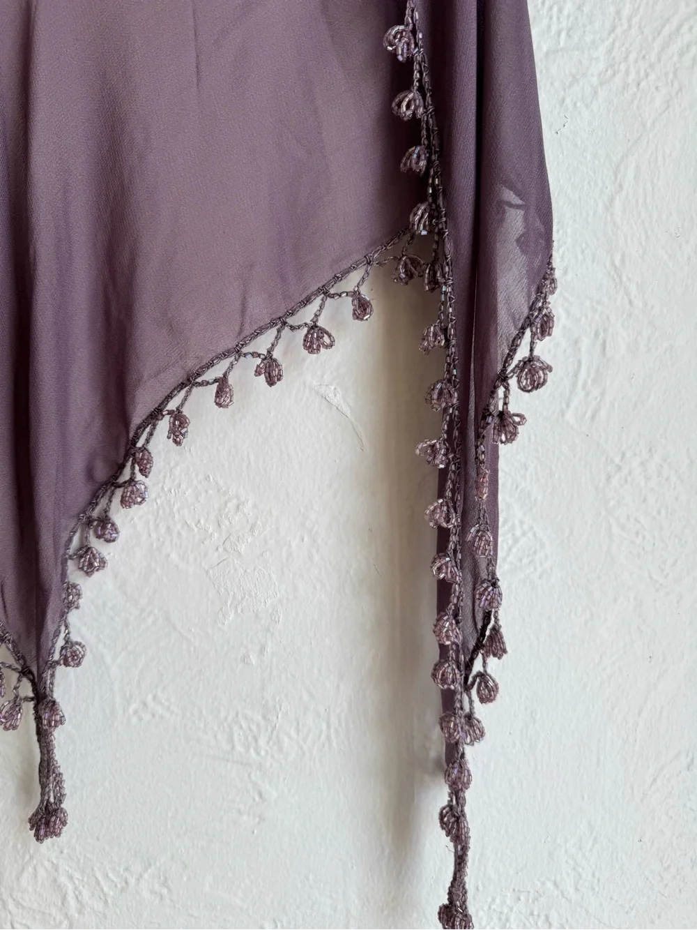 Sheer Chiffon Triangle Scarf Wrap with Beaded Crochet Fringe Mauve Purple Boho